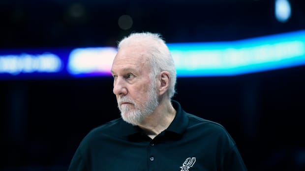 Jan 19, 2024; Charlotte, North Carolina, USA; San Antonio Spurs head coach Gregg Popovich during the second half against the Charlotte Hornets at the Spectrum Center.