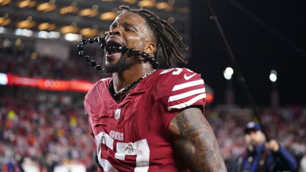 January 20, 2024; Santa Clara, CA, USA; San Francisco 49ers linebacker Dre Greenlaw (57) celebrates after defeating the Green Bay Packers in a 2024 NFC divisional round game at Levi's Stadium. Mandatory Credit: Kyle Terada-USA TODAY Sports  