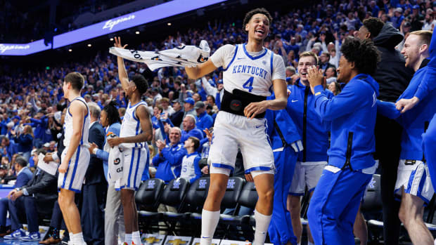 Jan 20, 2024; Lexington, Kentucky, USA; Kentucky Wildcats forward Tre Mitchell (4) reacts after forward Zvonimir Ivisic makes a basket during the first half against the Georgia Bulldogs at Rupp Arena at Central Bank Center. Mandatory Credit: Jordan Prather-USA TODAY Sports