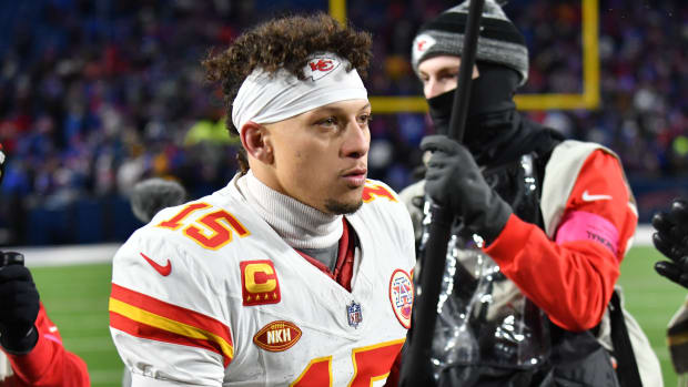 Kansas City Chiefs quarterback Patrick Mahomes (15) reacts after the 2024 AFC divisional round game at Highmark Stadium.