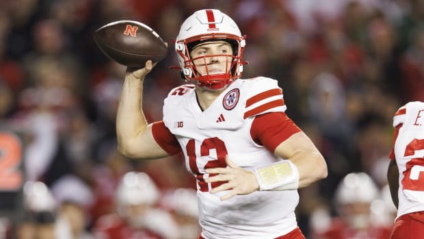 Nov 18, 2023; Madison, Wisconsin, USA; Nebraska Cornhuskers quarterback Chubba Purdy (12) throws a pass during the third quarter against the Wisconsin Badgers at Camp Randall Stadium. Mandatory Credit: Jeff Hanisch-USA TODAY Sports