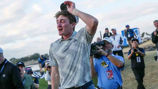 Nick Dunlap reacts after winning the American Express in La Quinta, Calif., as the first amateur to win a PGA Tour event in 33 years on Sunday, Jan. 21, 2024.