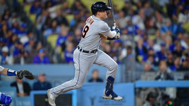 Sep 19, 2023; Los Angeles, California, USA; Detroit Tigers third baseman Tyler Nevin (18) hits a double against the Los Angeles Dodgers during the fifth inning at Dodger Stadium. Mandatory Credit: Gary A. Vasquez-USA TODAY Sports