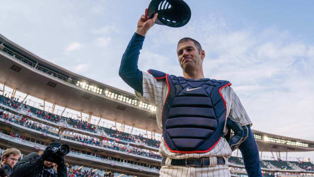 Sep 30, 2018; Minneapolis, MN, USA; Minnesota Twins first baseman Joe Mauer (7) salutes the fans after the game against Chicago White Sox at Target Field.