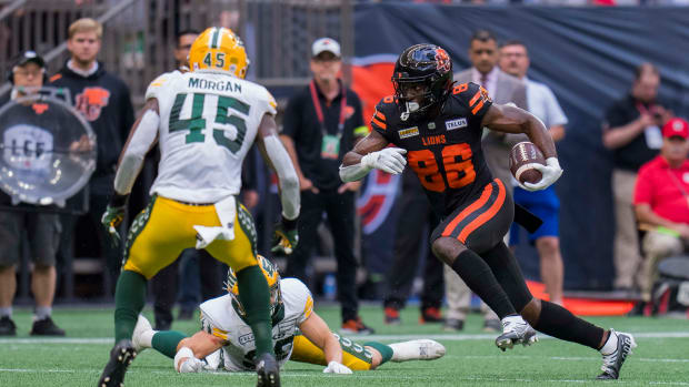 Jun 17, 2023; Vancouver, British Columbia, CAN; BC Lions receiver Jevon Cottoy (86) carries the ball against the BC Lions in the first half at BC Place. Mandatory Credit: Bob Frid-USA TODAY Sports  