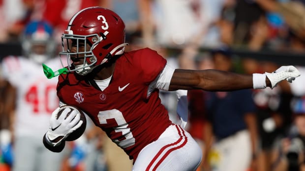 Alabama Crimson Tide defensive back Terrion Arnold (3) carries the ball after an interception against the Mississippi Rebels during the second half of a football game at Bryant-Denny Stadium.