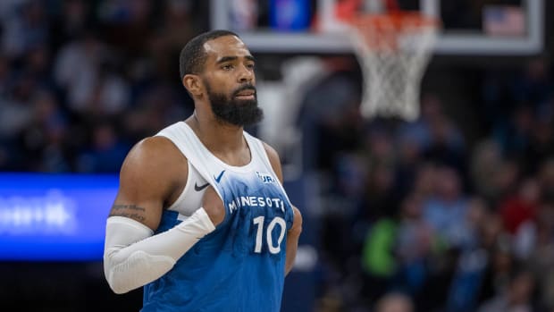 Jan 20, 2024; Minneapolis, Minnesota, USA; Minnesota Timberwolves guard Mike Conley (10) looks on against the Oklahoma City Thunder in the second half at Target Center.