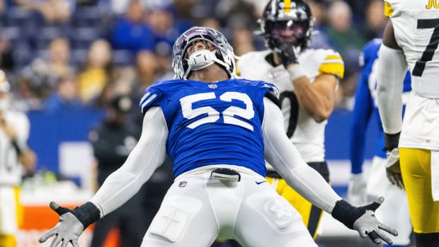 Dec 16, 2023; Indianapolis, Indiana, USA; Indianapolis Colts defensive end Samson Ebukam (52) celebrates a sack in the second half against the Pittsburgh Steelers at Lucas Oil Stadium. Mandatory Credit: Trevor Ruszkowski-USA TODAY Sports