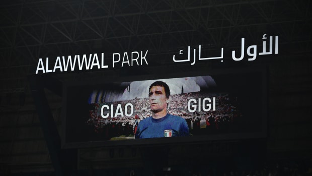 An image of Luigi "Gigi" Riva pictured on a giant screen at the Supercoppa Italiana final in January 2024 shortly after he died aged 79 in Sardinia