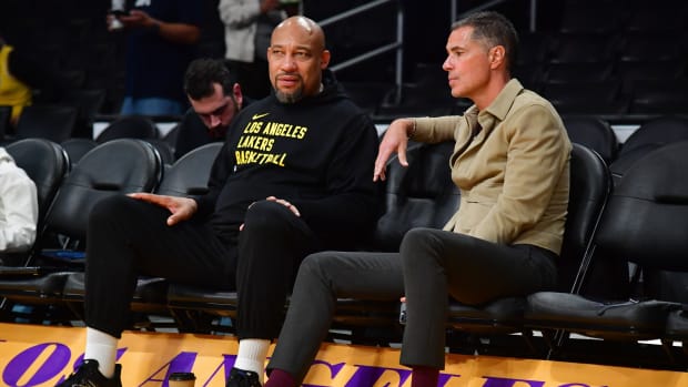 Los Angeles Lakers coach Darvin Ham and VP of basketball Rob Pelinka.