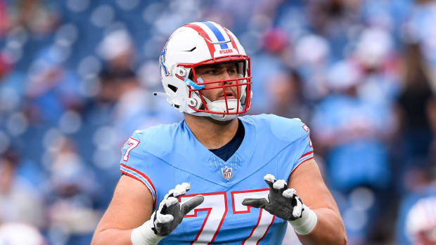Tennessee Titans offensive tackle Peter Skoronski (77) during warmups before the game against the Atlanta Falcons at Nissan Stadium.