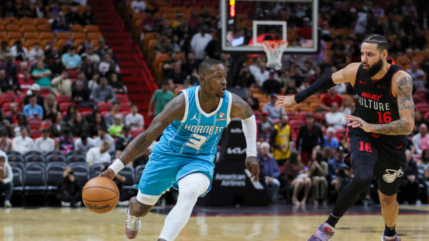 Rozier dribbles during the Hornets' 115-104 loss to the Heat on Dec. 13, 2023.