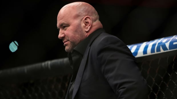 UFC CEO Dana White looks on inside the Octagon during a UFC event.
