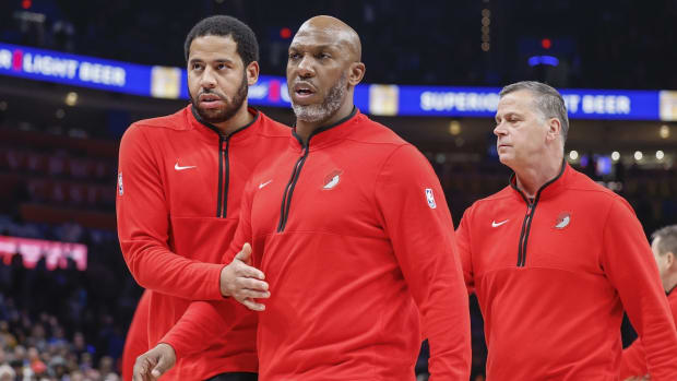 Jan 23, 2024; Oklahoma City, Oklahoma, USA; Portland Trail Blazers head coach Chauncey Billups walks off the court after being ejected late in the fourth quarter against the Oklahoma City Thunder at Paycom Center. Mandatory Credit: Alonzo Adams-USA TODAY Sports