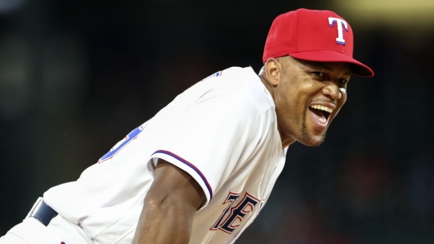 Sep 21, 2018; Arlington, TX, USA; Texas Rangers third baseman Adrian Beltre (29) reacts during the first inning against the Seattle Mariners at Globe Life Park in Arlington. Mandatory Credit: Kevin Jairaj-USA TODAY Sports