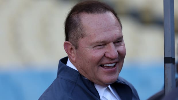 Oct 7, 2023; Los Angeles, California, USA; Agent Scott Boras watches batting practice before game one of the NLDS for the 2023 MLB playoffs between the Los Angeles Dodgers and the Arizona Diamondbacks at Dodger Stadium.