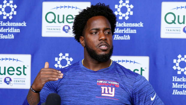 New York Giants assistant general manager Brandon Brown talks to reporters after the first day of mandatory minicamp at the Giants training center in East Rutherford on Tuesday, June 13, 2023.