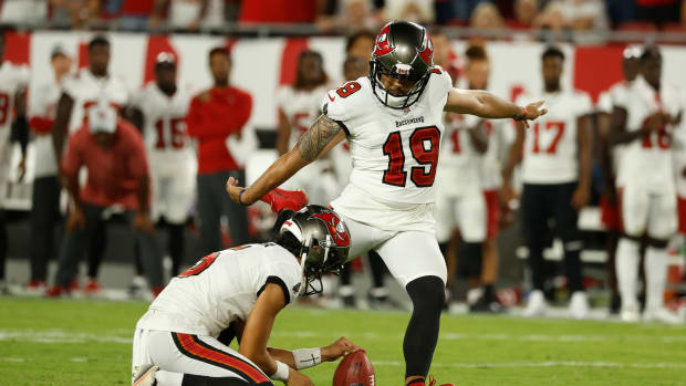 Aug 13, 2022; Tampa, Florida, USA; Tampa Bay Buccaneers place kicker Jose Borregales (19) misses a field goal as time expires to end the game against the Miami Dolphins at Raymond James Stadium. Mandatory Credit: Kim Klement-USA TODAY Sports  