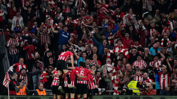 Players and fans of Athletic Bilbao pictured celebrating during a 4-2 win over Barcelona in the quarter-finals of the Copa del Rey in January 2024