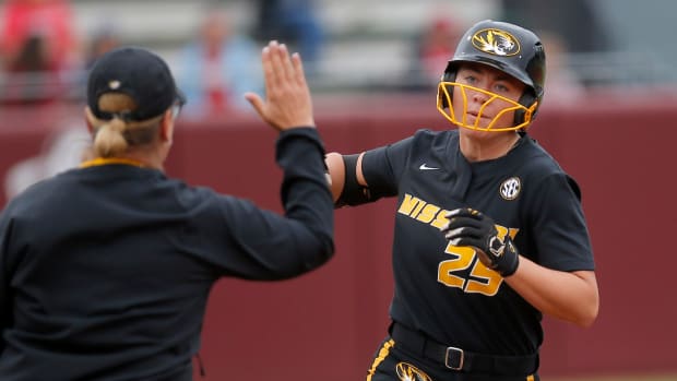 Missouri's Alex Honnold (25) celebrates a home run during a college softball game between the Missouri Tigers and the California Bears at Norman Regional of NCAA softball tournament at Marita Hynes Field in Norman, Okla., Friday, May, 19, 2023.