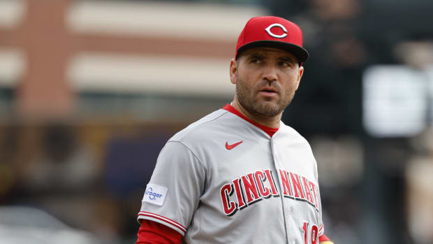 Sep 14, 2023; Detroit, Michigan, USA; Cincinnati Reds first baseman Joey Votto (19) look to the dugout in the first inning against the Detroit Tigers at Comerica Park. Mandatory Credit: Rick Osentoski-USA TODAY Sports  