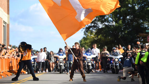 The Volunteer waves the flag during the Vol Walk before Tennessee's football game against South Carolina at Neyland Stadium in Knoxville, Tenn., on Saturday, Sept. 30, 2023.