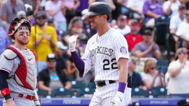 Oct 1, 2023; Denver, Colorado, USA; Colorado Rockies right fielder Nolan Jones (22) celebrates his solo home run in the fourth inning against the Minnesota Twins at Coors Field.