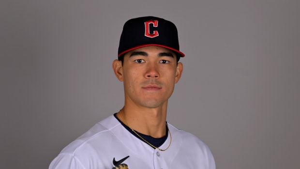 Feb 23, 2023; Goodyear, AZ, USA; Cleveland Guardians starting pitcher Joey Cantillo (68) during photo day in Goodyear, AZ.