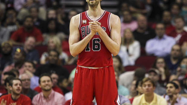 Chicago Bulls center Pau Gasol (16) reacts after a play during the third quarter against the Houston Rockets at Toyota Center.
