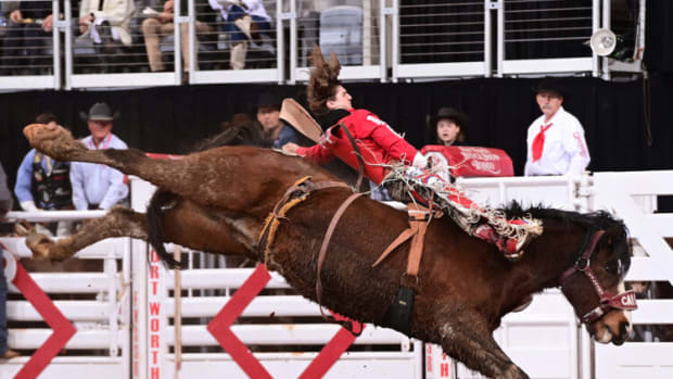 Rocker Steiner won the bareback riding championship at the 2023 Fort Worth Stock Show & Rodeo with 90 points on Yipee Kibitz from Calgary Stampede.