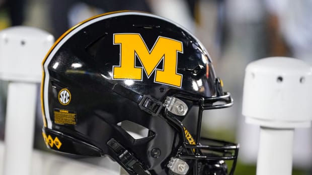 A general view of a Missouri Tigers helmet against the Florida Gators during the first half at Faurot Field at Memorial Stadium.