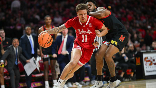 Jan 27, 2024; College Park, Maryland, USA; Nebraska Cornhuskers guard Eli Rice (11) makea move to the bask during the first half against the Maryland Terrapins at Xfinity Center.