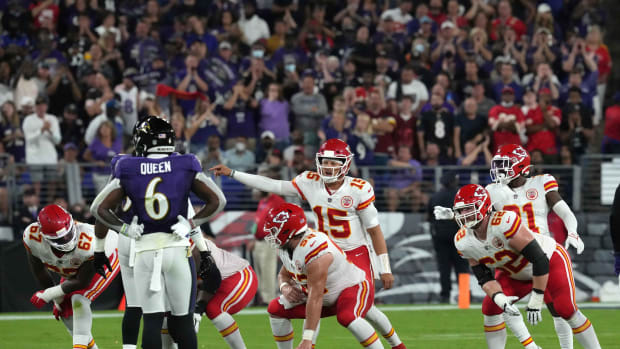 Sep 19, 2021; Baltimore, Maryland, USA; Kansas City Chiefs quarterback Patrick Mahomes (15) leads the offense in the second quarter against the Baltimore Ravens at M&T Bank Stadium. Mandatory Credit: Mitch Stringer-USA TODAY Sports  