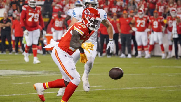 Kansas City Chiefs wide receiver Kadarius Toney (19) drops a pass against the Detroit Lions during the second half at GEHA Field at Arrowhead Stadium.
