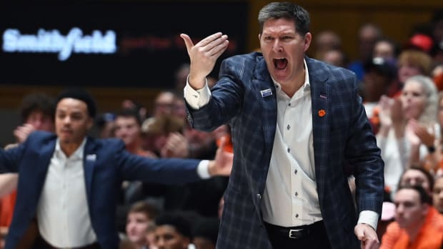 Clemson Tigers head coach Brad Brownell gestures to his team during the second half.