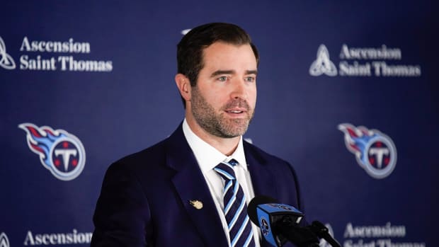 Brian Callahan speaks during a press conference after being hired as the Tennessee Titans new head coach at Ascension Saint Thomas Sports Park.