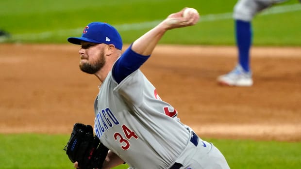 Sep 26, 2020; Chicago, Illinois, USA; Chicago Cubs starting pitcher Jon Lester (34) throws a pitch against the Chicago White Sox during the second inning at Guaranteed Rate Field. Mandatory Credit: Mike Dinovo-USA TODAY Sports