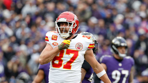 Jan 28, 2024; Baltimore, Maryland, USA; Kansas City Chiefs tight end Travis Kelce (87) celebrates after scoring a touchdown against the Baltimore Ravens during the first half in the AFC Championship football game at M&T Bank Stadium. Mandatory Credit: Geoff Burke-USA TODAY Sports  