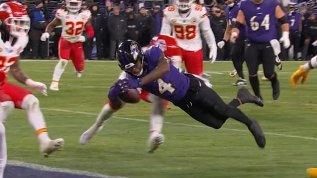 Zay Flowers fumbles out of the end zone vs. Chiefs.