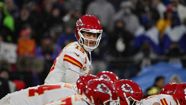 Jan 28, 2024; Baltimore, Maryland, USA; Kansas City Chiefs quarterback Patrick Mahomes (15) prepares for a snap during the second half against the Baltimore Ravens in the AFC Championship football game at M&T Bank Stadium. Mandatory Credit: Tommy Gilligan-USA TODAY Sports  