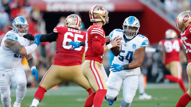 Lions defensive tackle Alim McNeill runs after 49ers quarterback Brock Purdy in the first quarter of the NFC championship game at Levi's Stadium in Santa Clara, California, on Sunday, Jan. 28, 2024.  