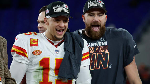 Kansas City Chiefs quarterback Patrick Mahomes and tight end Jason Kelce celebrate their team’s win over the Baltimore Ravens in the AFC championship game on Jan. 28, 2024.