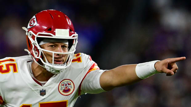Sep 19, 2021; Baltimore, Maryland, USA; Kansas City Chiefs quarterback Patrick Mahomes (15) calls a play from the line during the first half against the Baltimore Ravens at M&T Bank Stadium. Mandatory Credit: Tommy Gilligan-USA TODAY Sports  