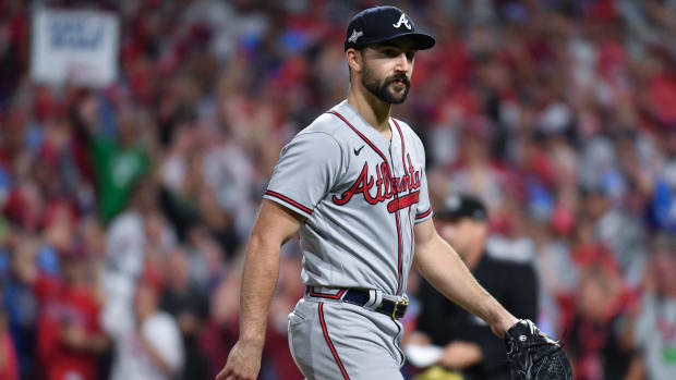 Oct 12, 2023; Philadelphia, Pennsylvania, USA; Atlanta Braves starting pitcher Spencer Strider (99) is relieved against the Philadelphia Phillies during the sixth inning during game four of the NLDS for the 2023 MLB playoffs at Citizens Bank Park.