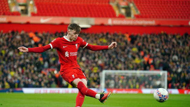 Conor Bradley pictured playing for Liverpool in a 5-2 win over Norwich City at Anfield in the FA Cup in January 2024