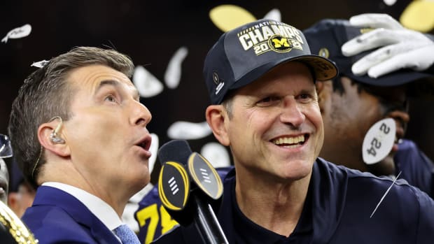 Michigan Wolverines head coach Jim Harbaugh is interviewed after winning 2024 College Football Playoff national championship game against the Washington Huskies at NRG Stadium.
