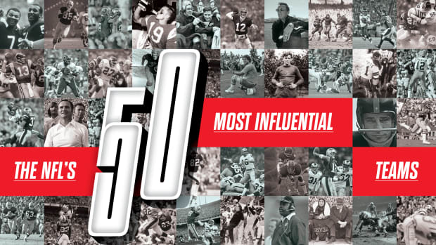 The NFL’s 50 Most Influential Teams text overlayed over a collage of black and white footbll photos