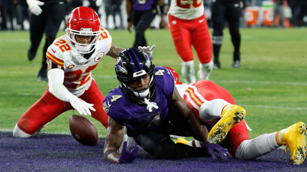 Ravens receiver Zay Flowers fumbles the ball in the end zone in the AFC championship vs. the Chiefs.