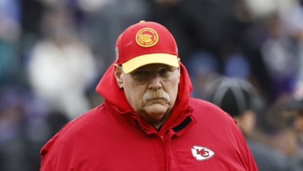 Jan 28, 2024; Baltimore, Maryland, USA; Kansas City Chiefs head coach Andy Reid looks on from the field prior to the AFC Championship football game against the Baltimore Ravens at M&T Bank Stadium.