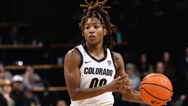 Jaylyn Sherrod carry ball at CU Event Center vs. Stanford